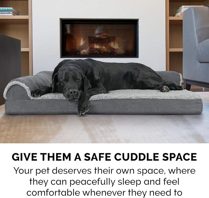 Furhaven Memory Foam Dog Bed for Large/Medium Dogs w/ Removable Bolsters & Washable Cover, For Dogs Up to 55 lbs - Two-Tone Plush Faux Fur & Suede L Shaped Chaise - Stone Gray, Large