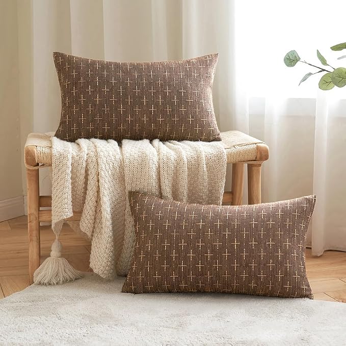 MIULEE Pack of 2 Decorative Vintage Burlap Linen Brown Throw Pillow Covers Modern Farmhouse Pillowcase Rustic Woven Textured Cushion Cover for Sofa Couch Bed 12x20 Inch Dark Coffee