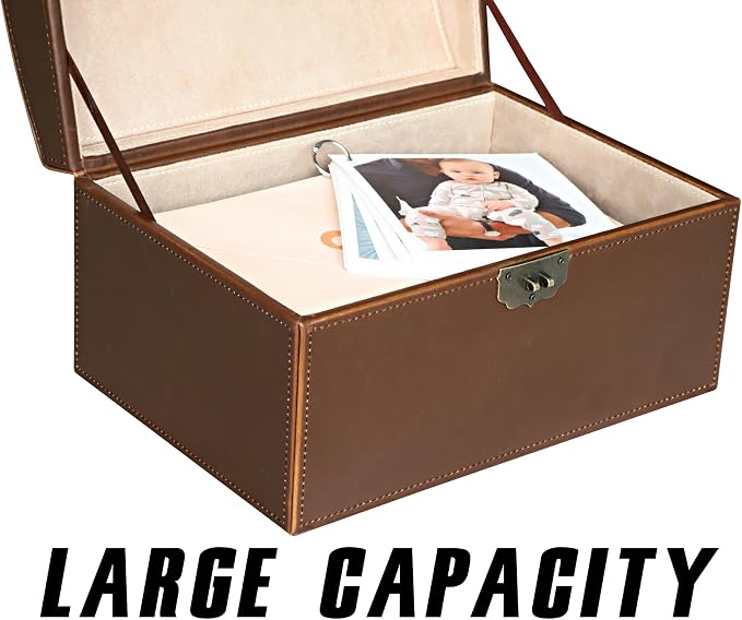 HofferRuffer Faux Leather Decorative Box, Large Wooden Structure Keepsake Box Accessory Organizer Jewelry Organizer with Hinged Lid, Storage Container for Home or Office (Antique Brown)