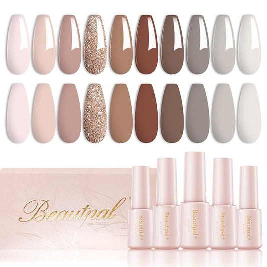 Beautpal Nude Grey Gel Nail Polish Set 10PCS All Seasons Skin Tones Gel Polish Set Neutral Gel Polish Colors Soak Off UV/LED Lamp Needed Salon DIY Manicure Gift Box for Women Girls 7ml