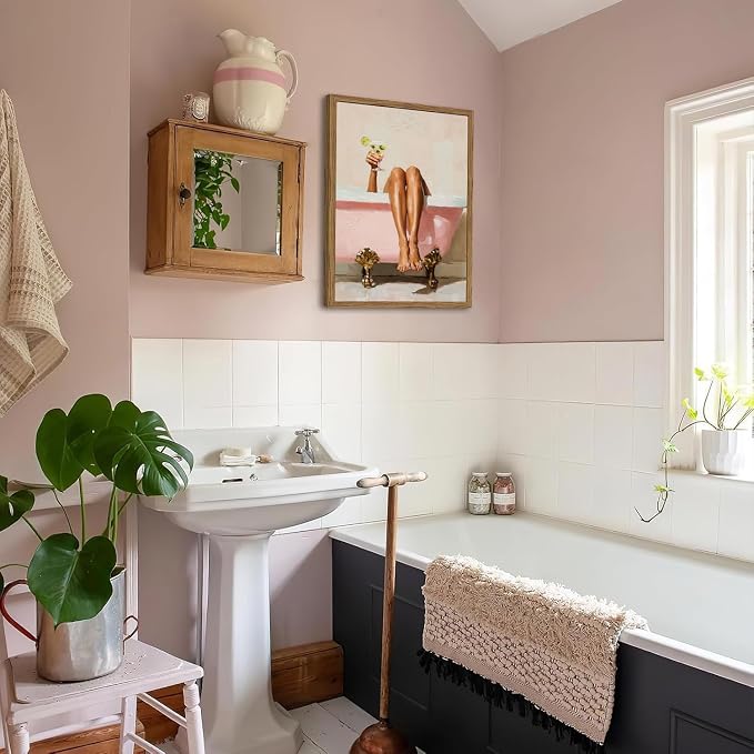 Funny Girl Bathroom Wall Art Pink Cute Girly Bathtub Wall Decor Picture, Trendy Girl Bathroom Martini Cocktail Poster Canvas Print Painting Minimalist Cute Woman Artwork 12x16 inch Wood Framed