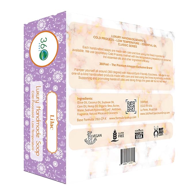 360Feel Lilac Soap - Made in the USA - Castile Handmade, All-Natural, Cold-Processed - Infused with Sweet Lilac for a Refreshing Floral Aroma and Creamy Moisturizing Lather - 5 oz