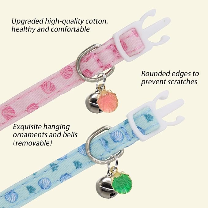 Cat Collars for Girl Cats & Boys, 2 Pack Soft Cotton Breakaway Collar with Removable Bell and Cute Charms, Adjustable Safety Pet Necklace, Seashell