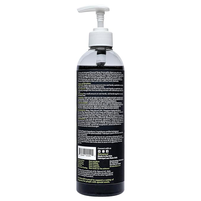 Dr. Natural Activated Charcoal Liquid Soap - Combat Acne and Blemishes - Deep Cleansing Body Wash - Gentle Body Soap for Clear Skin - Citrus - 16 oz