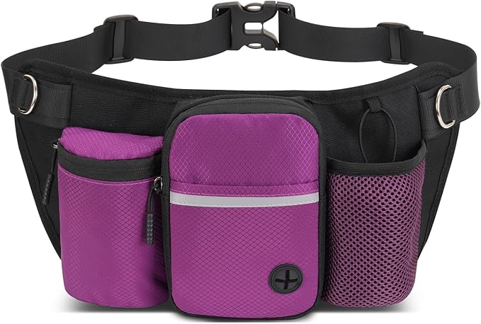 Dog Treat Pouch for Training – Hands-Free Waist Belt with Built-in Poop Bag Dispenser, Water Bottle Holder & Phone Pocket, Includes Reflective Bungee Leash (Purple)