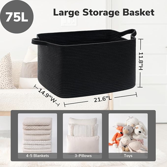 Goodpick Large Woven Rope Blanket Basket, Rectangle, Black, 75L | 21.6'' x 14.9'' x 11.8'' Storage Basket for Blankets, Toys & Pillows, Living Room & Bedroom Organization, Reinforced Handles