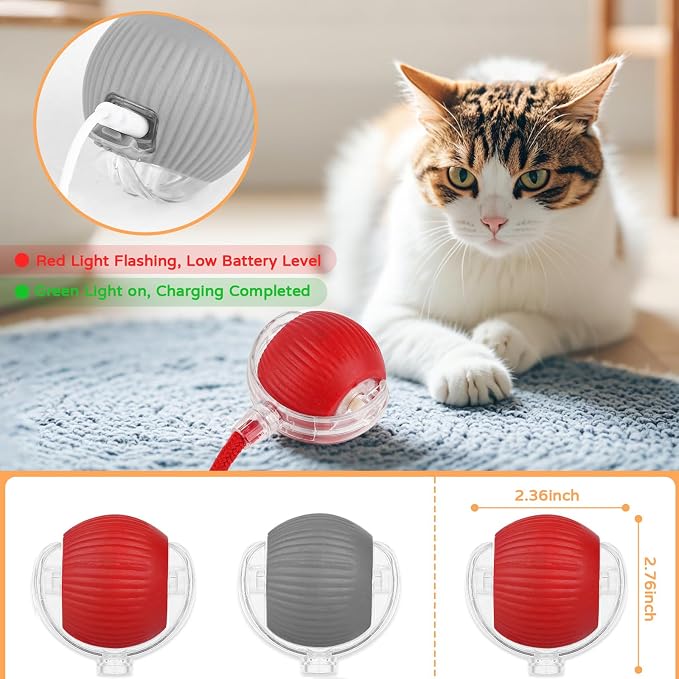 Goosheep 2PK Automatic Rolling Interactive Cat Toys Ball for Indoor Cat Dog | Red&Grey, 3 Modes, LED Light, 360° Smart Automatic Rolling, Suitable for Multi-cat Families, for Indoor Cats and Small Dogs