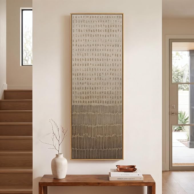 Large Framed Neutral Wabi Sabi Abstract Wall Art, Long Vertical 60x20 In | Beige brown modern organic picture, Canvas prints, Wood frame, Minimalist artwork, Wall decor for hallway living room bedroom