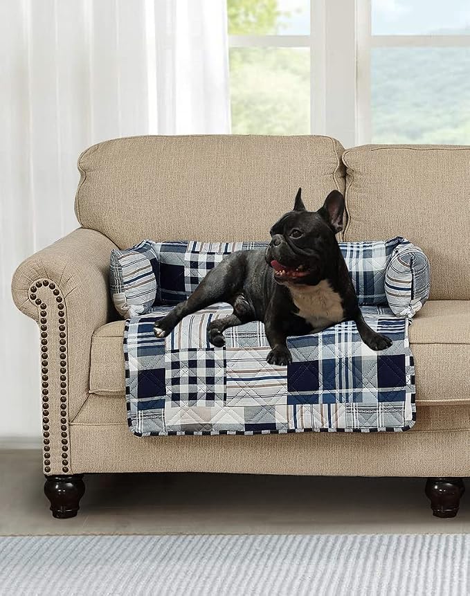 Brilliant Sunshine Blue Plaids & Stripes Dog Sofa Slipcover, Medium | Calming Pet Couch Bed with Removable & Washable Cover, Funiture Protector & Bed Mat for Dogs, Pets, Cats, 30"×32"×8"