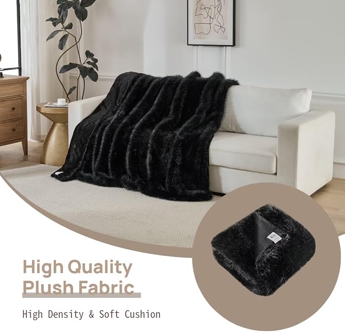 Luxury Fluffy Faux Fur Throw Blanket, Thick Silky Fuzzy Cozy Plush Blanket for Couch, Sofa, Chair, Bed - Black, 60x80 Inches