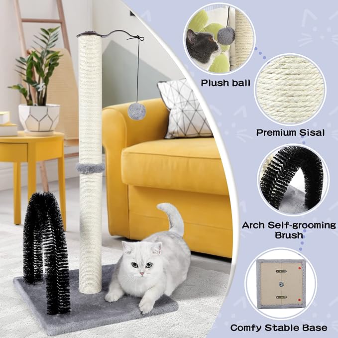 ANWA 32" Tall Cat Scratching Post with Arch Groomer, Natural Sisal, Gray | Natural Sisal Post for Indoor Cats Adults, Stable Cat Post with Plush Toys, Self-grooming Brush, Cat Furniture, Small Space