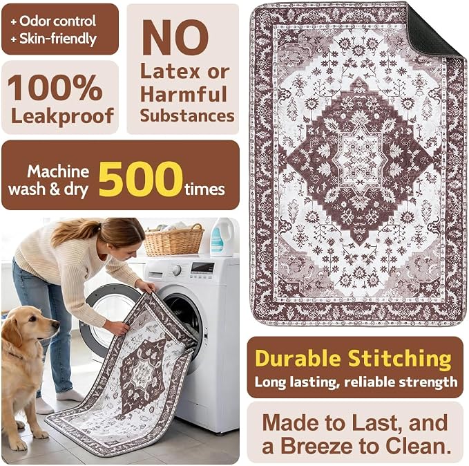 Washable Pee Pads for Dogs, 2 Pack Reusable Puppy Training Pads 48"x32" Super Absorbent Waterproof Dog Training Pads, Non-Slip Potty Pads, Whelping Pads Litter Mat Light Brown Medallion