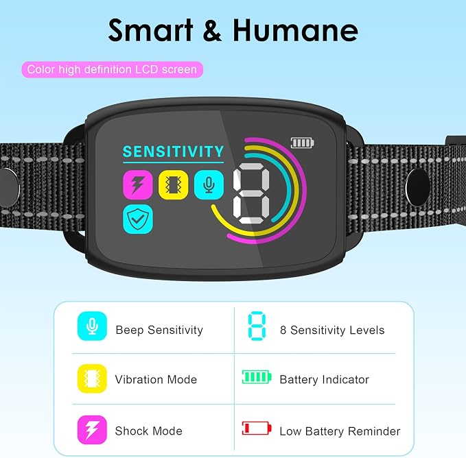 Bark Collar, Dog Bark Collar for Large Medium Small Dogs, Smart Bark Collar Automatic Anti Barking Training Collar, Rechargeable with 8 Adjustable Sensitivity & Beep Modes