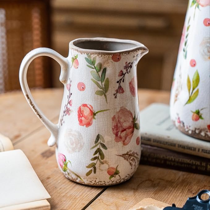 Vintage Fruit and Floral Ceramic Vase with Handle, Retro Ice Glazed Crack Farmhouse Pitcher Vase for Home Decor, Living Room, Shelf, Office, Rustic Table Centerpiece 7 Inch