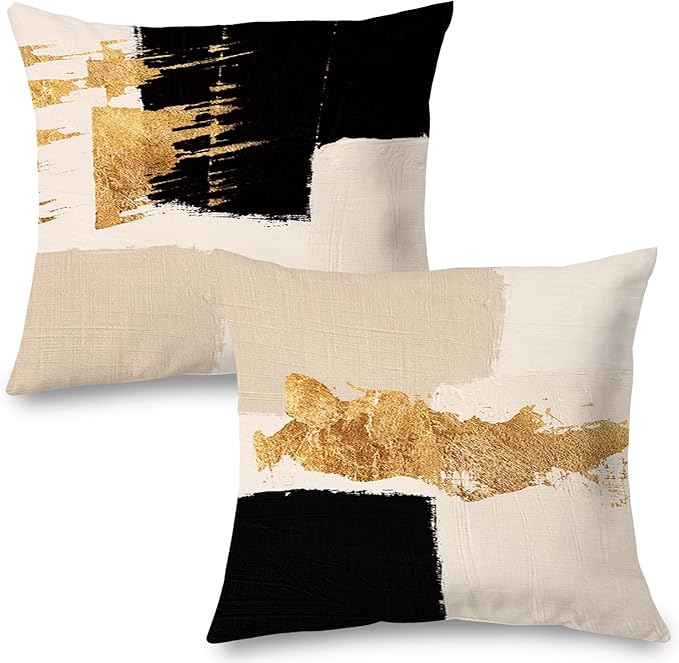 Black Beige Gold Pillow Covers, Abstract Black and Gold Pillow Covers 16x16 Set of 2, Modern Boho Home Decor, Black and Gold Pillows Decorative Throw Pillows for Couch Living Room Bedroom