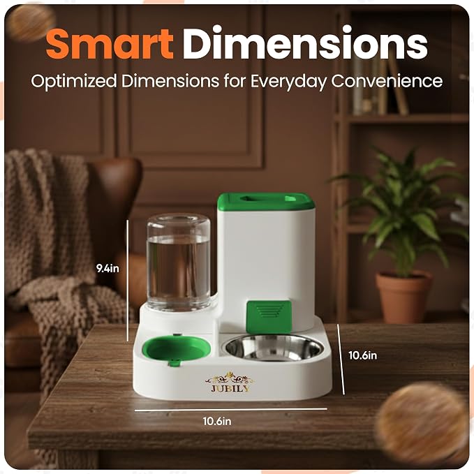 Automatic Cat Feeder & Water Dispenser – Gravity Cat Feeding Station with Stainless Steel Bowl, 2.2L Food & 1L Water Capacity, Automatic Pet Feeder for Cats & Small Dogs (Green)