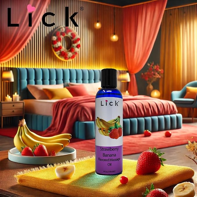 Lick Strawberry Banana Flavored Massage Oil – Sweet Creamy Fruit Edible Massage Oil with Vitamin E, Smooth Body-Safe Glide for Couples Massage & Relaxation, 4 oz