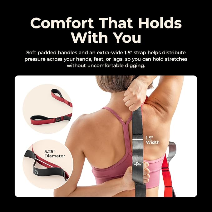 Sunny Health & Fitness Premium Yoga Stretch Strap with 8 Individual Grip Loops - 75" x 1.5" Durable Polyester Stretching Strap for Flexibility, Physical Therapy, Pilates, and Full Body Workouts