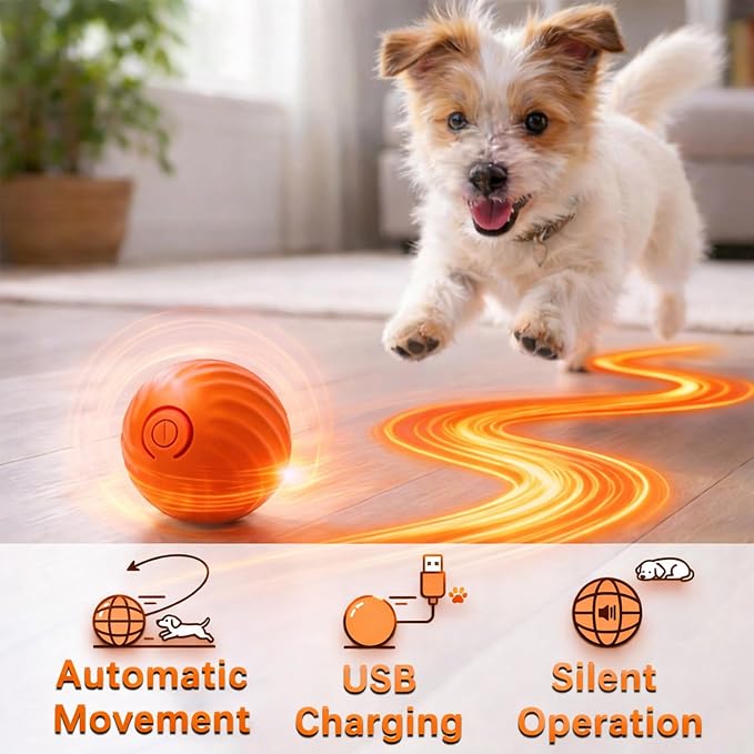 Interactive Dog & Cat Toy Ball, Automatic Moving Pet Toy for Small & Medium Dogs and Cats, USB-C Rechargeable Rolling Indoor Dog Toy for Boredom Relief