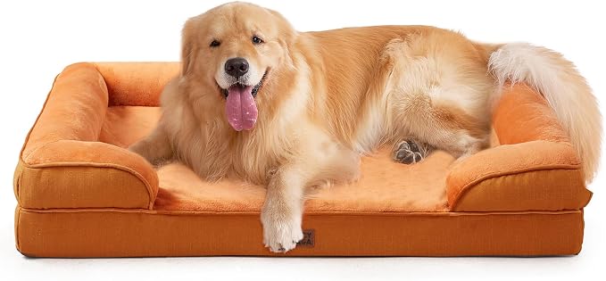 EHEYCIGA Orthopedic Extra Large Dog Bed, Waterproof Washable XL Pet Bed 44" | Non-Slip Bottom and Egg-Crate Memory Foam Big Dog Couch Bed with Washable Removable Cover, Pumpkin Orange, 44Inch