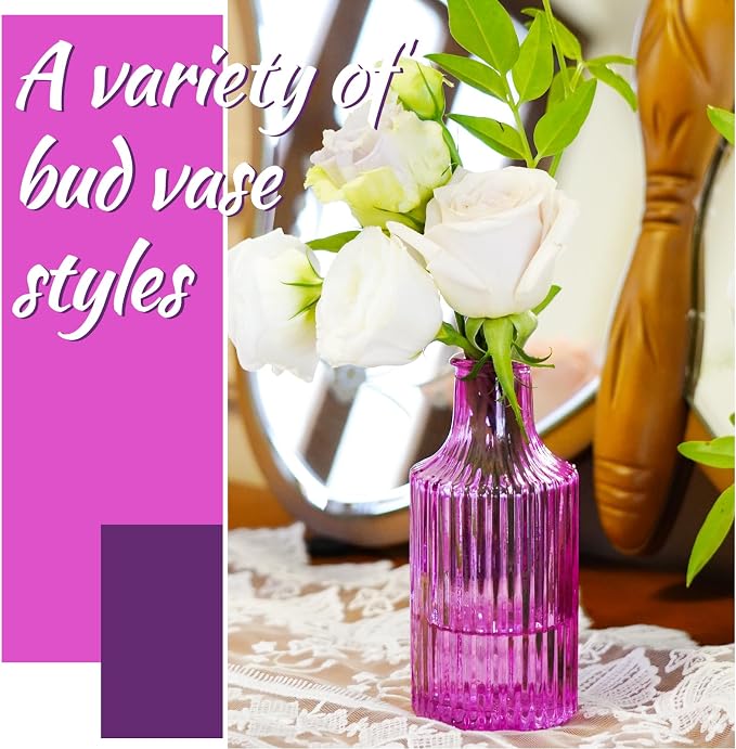 12PCS Hot Pink Vase Small Colored Flower Bud Vases | Glass Bud Vase in Bulk Pink Vases for Centerpieces Vintage Colored Glass Bottles for Home Office Decor