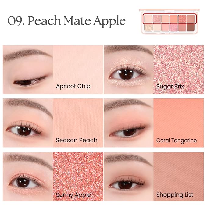 CLIO Pro Eye Palette Air, 12-Color Eye Shadow Palette, Matte Shimmer Mix, Air-Fit Blendable Pigmented Buildable Color, Low Fallout, Peach Coral Neutral Tone, Daily Korean Makeup (09 PEACH MATE APPLE)