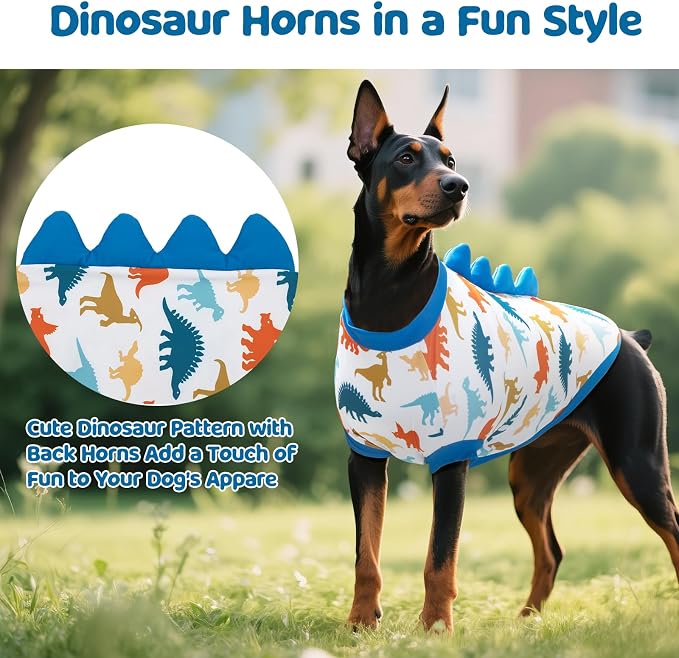 UPF 50+ Sun Protection Dog Shirt - Sleeveless Cooling Vest for Large Dogs Boy, Quick-Dry Pet T-Shirt with Funny Dinosaur Horns, UV Protective Breathable Dog Clothes U-COSBX02L