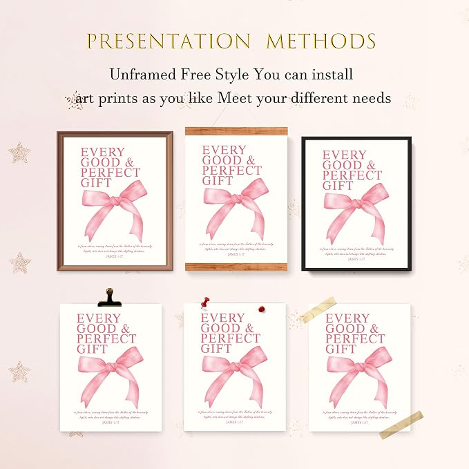 LARTSFRO Coquette Pink Bow Christian Wall Art Decor Posters, Pink Bow Christian Bathroom Room Bedroom Dorm Wall Art Decor Aesthetic for College Teen Girls Gifts,Inspirational Bible Verses Bow Wall Decor, 10x8 Inch Set of 4 Bow Pictures(UNFRAMED)