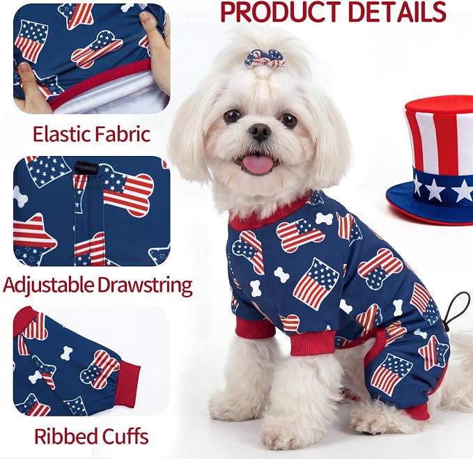 XPUDAC 4th of July Dog Pajamas, Cute Patriotic Dog Clothes with Adjustable Drawstring, Funny Pet Pjs American Flag Pet Outfit for Small Medium Dogs Independence Day, M
