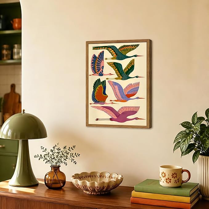 Framed Colorful Bird Wall Art, Vintage Flying Heron Pictures Wall Decor, Mid Century Modern Animal Paintings Canvas Prints Abstract Home Decor Aesthetic Artwork for Living Room Bedroom 12x16 inch