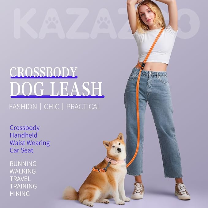 Kazazoo Hands-Free Dog Leash Adjustable Length 5-8 Ft, Waist for Dog Walking, Running for Small &Medium Dogs with Reflective Strips, Ballistic Nylon, Waist Belt, Lightweight Orange M