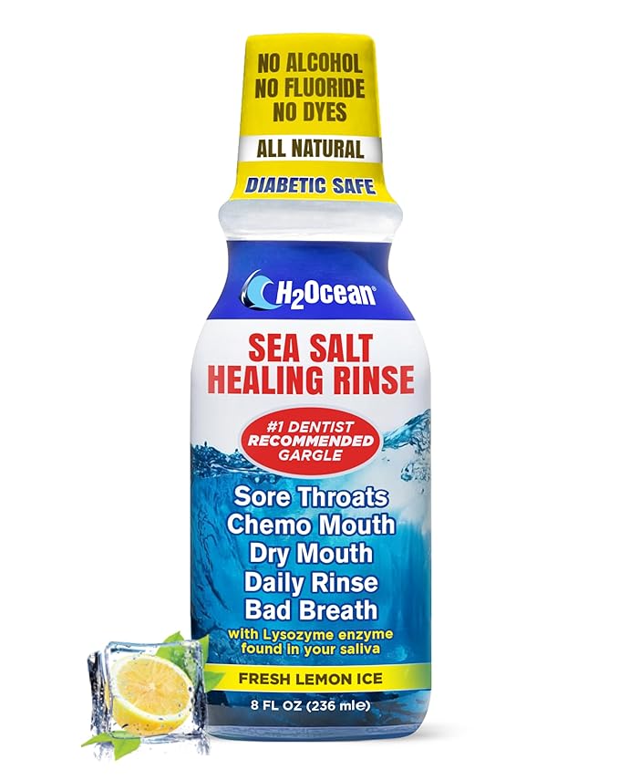 H2Ocean Healing Rinse Natural Sea Salt Oral Care - Mouth Rinse for Oral Care & Tonsil Stones - Great for Piercings, Sore Throats & Gum Health - Alcohol- & Fluoride-Free Mouthwash - Lemon Ice, 8 oz