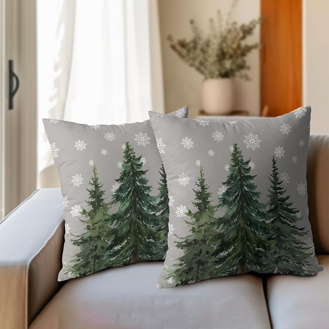 Kawani Winter Tree Throw Pillow Covers 16x16 Inches, Set of 2 Xmas Seasonal Snowflakes Forest Grey Cotton Linen Square Pillowcase for Chair Couch Sofa Bedroom Living Room Home Decor