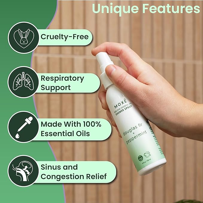 MOXE Aromatherapy Shower Spray - Douglas Fir & Peppermint, 100% Essential Oils, Made in USA, Aromatherapy, Sinus Congestion Relief, Respiratory Support, 4 Oz (1 Pack)