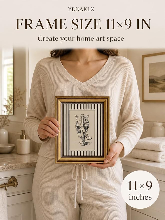 Gold Framed Wall Art, Funny Western Cowgirl Bathroom Canvas Prints, Cowgirl Reading Newspaper on Toilet Picture Wall Decor, Neutral Rustic Farmhouse Artwork for Bathroom Restroom 9x11 inch