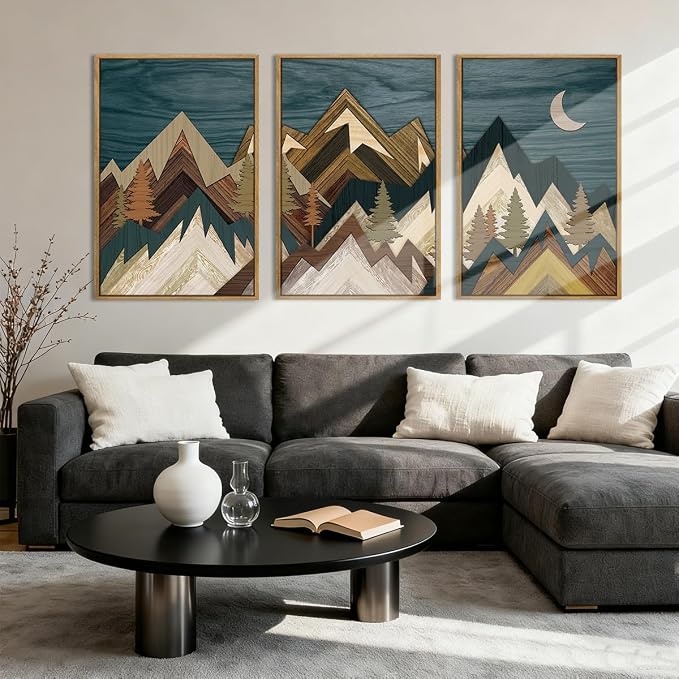 BINCUE Framed Mountain Wall Art Landscape Wall Decor Moon and Nature Artwork for Bedroom Living Room Office 16x24 Inches Set of 3