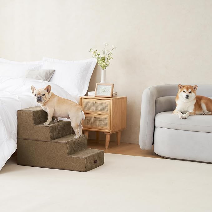 EHEYCIGA Dog Stairs for Bed 20" H, 4-Step Extra Wide Dog Steps, Camel | Pet Steps for Small Dogs and Cats for High Bed, Non-Slip Balanced Pet Ramp Indoor