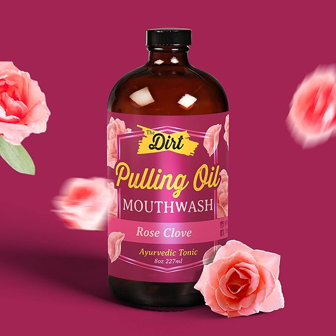 The Dirt Gluten Free Oil Pulling Mouthwash - Dental Tonic with Essential Oils for Bad Breath, Non-GMO… (Luscious Rose, Clove & Mint, 8 Ounce)