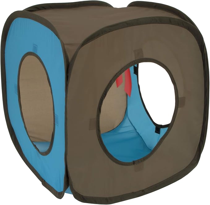 Kitty City Pop-Up Rolling Cat Cube & Tunnel Toy, Collapsible Indoor Cat Play Cube with Peekaboo Openings & Hanging Tassel, Lightweight Foldable Cat Furniture - Blue/Brown