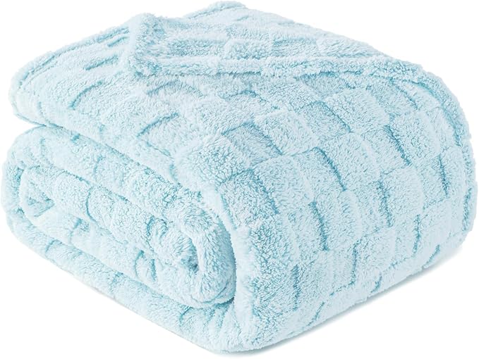 Exclusivo Mezcla 3D Checkered Fleece Queen Blanket for Bed, LCE Blue | Super Soft and Cozy Fluffy Blanket, Lightweight, Breathable, Decorative Blanket for Living Room, Bedroom, All Season, 90"x90"