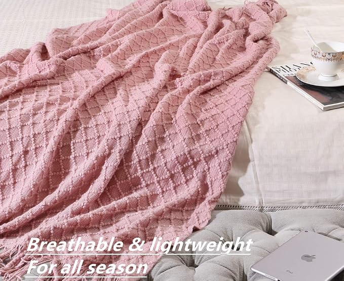 CREVENT Light Blush Pink Knit Throw Blanket for Couch Sofa Chair - Soft and Decorative for Spring Summer (50''X60'' Dusty Pink/Pale Pink)