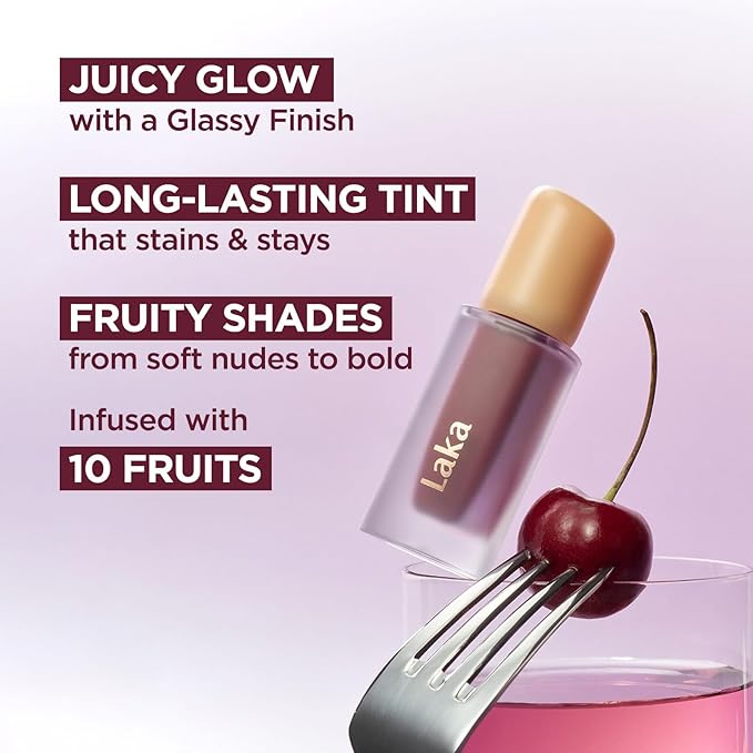 Laka Fruity Glam Tint, 4.5g/0.15oz, Glowing Lip Stain with Wide Color Spectrum, Hydrating & Lightweight Texture, Buildable Color, Non-Sticky, Vegan, K-Beauty (#137 Breeze)