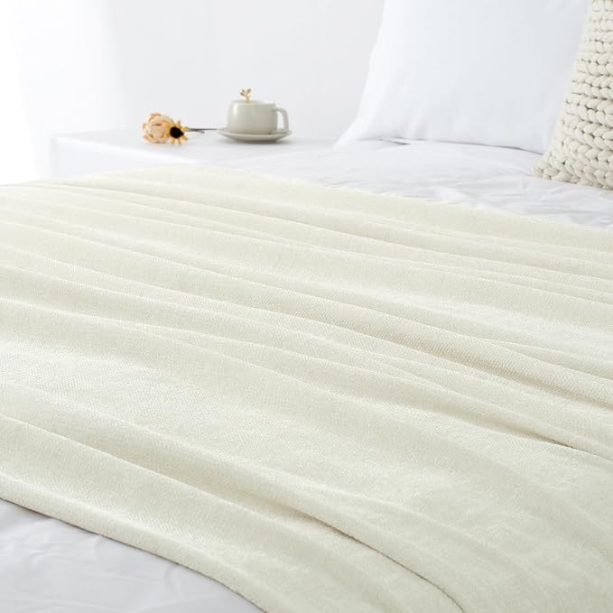 Chenille Throw Blanket for Couch 50" x 60", Ivory White | Soft Cozy Warm Throws with Fringe Tassel, for Living Room Bed Sofa Chair Cover, Lightweight Knitted Decorative Boho Blankets