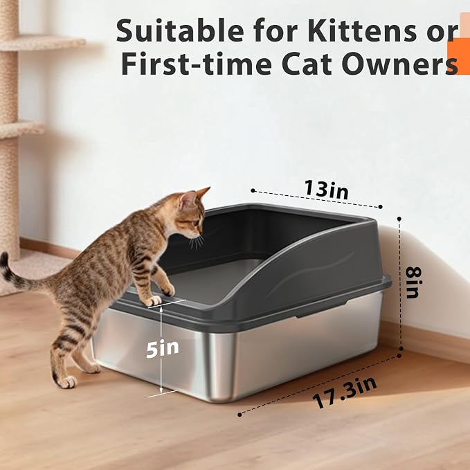 AIPERRO Stainless Steel Litter Box | Metal Litter Box with Lid for Kitty | High Sided, Low Entry for Small Cats or Injured Cats | Bunny Litter Boxes | Odor-Free & Non-Stick | Includes Litter Cat Scoop