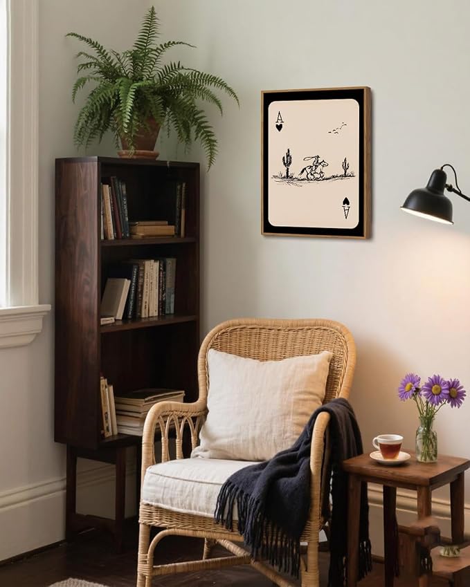 ZZLWBKGL Western Wall Decor Cowboy Poker Canvas Art Vintage Framed Wall Art | Cactus Artwork Mid Century Picture Southwest Farmhouse Paintings for Bedroom Living Room 12x16in