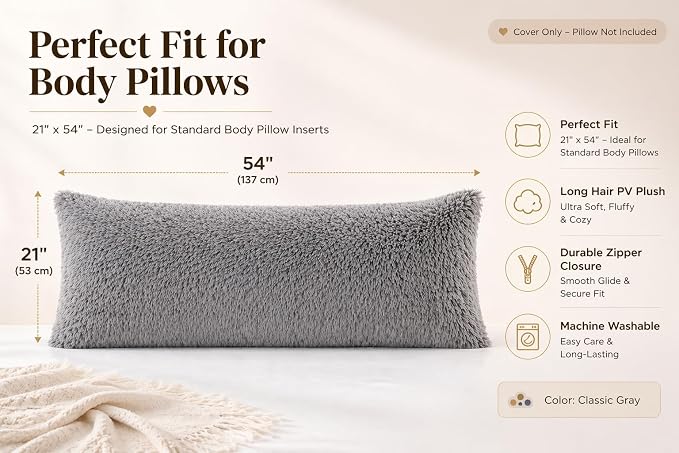 REAFORT Long Hair Faux Fur Body Pillow Cover 21"x54", Hidden Zipper (Gray) | Ultra-soft long hair faux fur with a hidden zipper offers luxurious comfort and is machine washable for easy care.