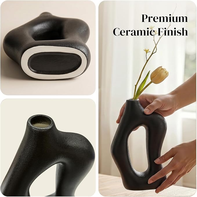 Dowan Black Vases for Decor,Hollow Ceramic Vase Set of 2,8.3" Nordic Modern Boho ins Style Decorative Ceramic Aesthetic Flower Vase for Home Decor Modern Minimalist Table, Entryway Centerpieces
