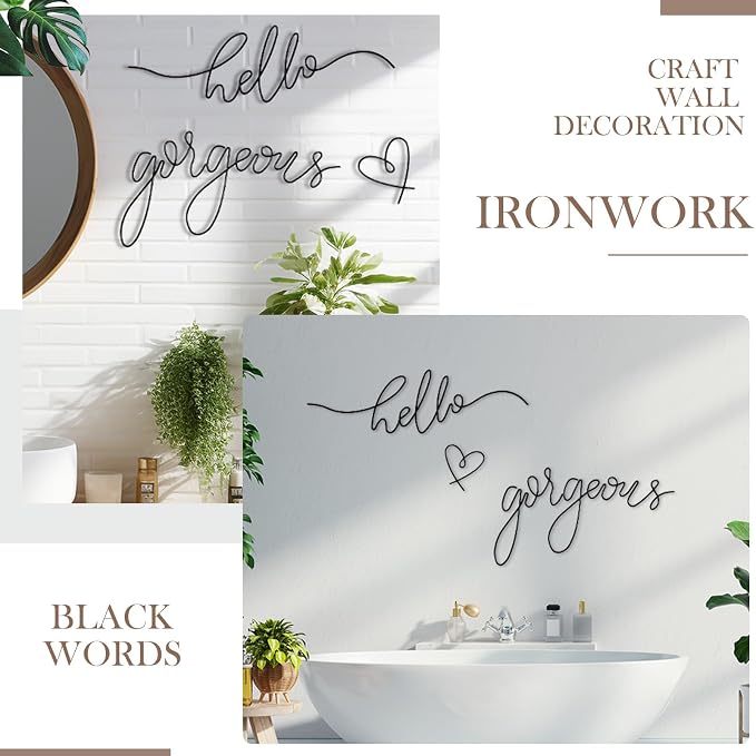 Hicarer Metal Hello Gorgeous Wall Art Minimalist Wall Decor,Black,Classic | for Bedroom Bathroom Living Room Dressing Room Salon Vanity Office Home Decoration, Easy to Install