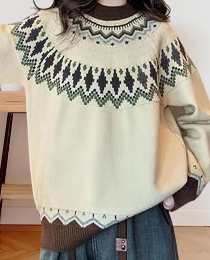 Zhyaj Fair Isle Sweater for Womens Winter Long Sleeve Vintage Knitted Sweater Casual Fall Crew Neck Pullover Sweaters