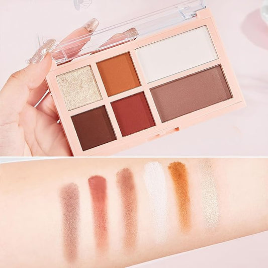6 Colors Velvety Smooth Eyeshadow Palette, Neutral Nude Eye Shadow Matte & Shimmer Shades, Highly Pigmented Waterproof Long-Lasting Travel-Friendly Daily Eye Makeup Palette for Women, 3#